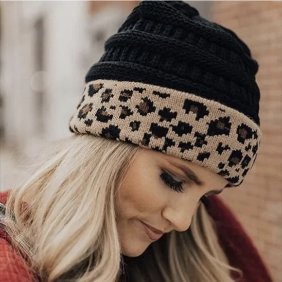 LAST ONE! π₯³HOST PICKπ₯³ NWT C.C. Black and Leopard Print Knit Beanie - Picture 2 of 16